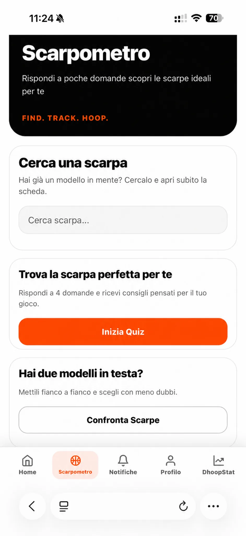 Schermata principale della ricerca scarpe
